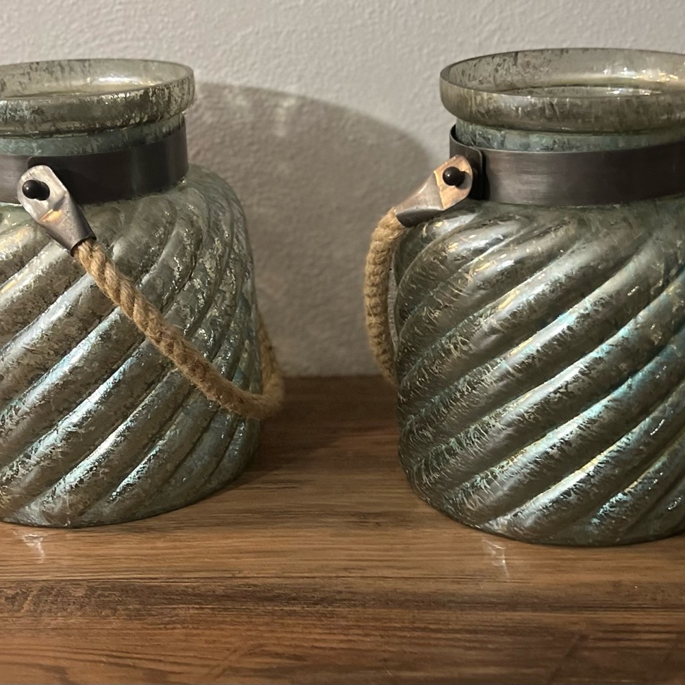 Set of 2 Bamboo Rope Candle Lanterns with Glass Holders